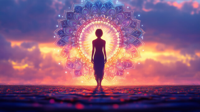 Silhouette walking toward radiant mandala sunrise symbolizing existence self-discovery and meaning of life