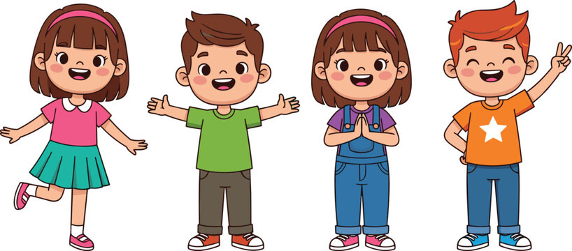 Cute kids cartoon characters set, happy boys and girls gestures, smiling children, colorful flat vector illustration design