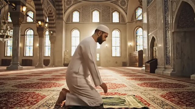 Man Praying in a Mosque Interior.