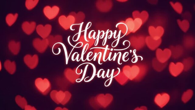 This video features a festive Happy Valentine's Day greeting with animated cursive text and bokeh heart lights on a dark background. Ideal for romantic promotions, social media posts, or heartfelt