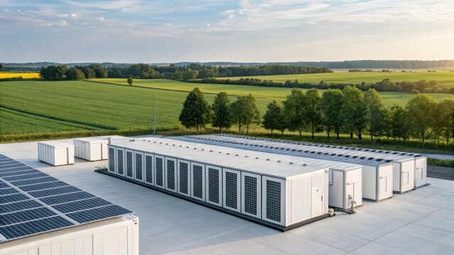A modern solar energy facility featuring large battery storage units, surrounded by lush green fields under a clear sky.
