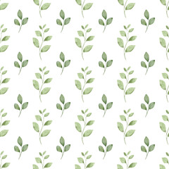 Obraz premium Seamless background, floral minimalistic pattern with watercolor green leaves. Repeat fabric wallpaper print texture. Perfectly for wrapped paper, backdrop, frame or border.