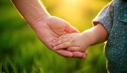 A heartwarming image of a parent holding a childs hand in nature.