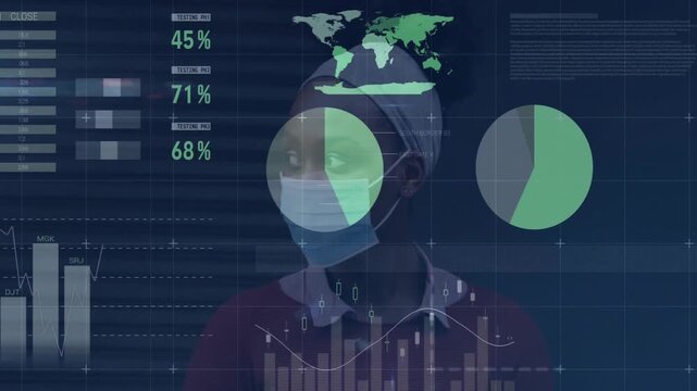 Woman analyzing virtual health data dashboard, showing world map, green pie charts, bar graphs