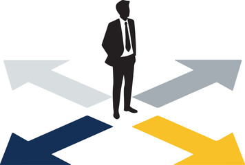 Businessman at Crossroads Flat Vector for Career Decision Making, represents career choices, strategic business decisions, and leadership challenges.