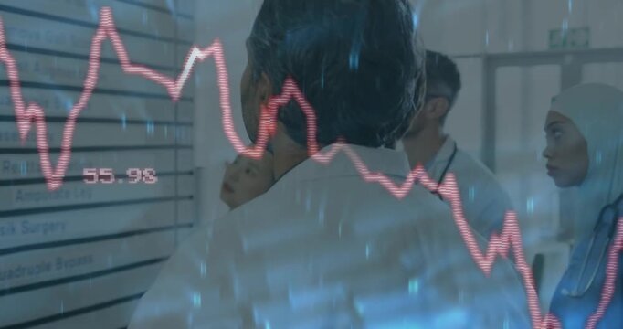 Medical team tapping tablet causing overlay data graph while scanning procedure list for accuracy