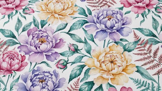 A detailed floral pattern features large peonies in purple and yellow, surrounded by green leaves. The peonies and buds create a vibrant, intricate design throughout the scene.