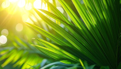 A vibrant green palm leaf basking in warm sunlight