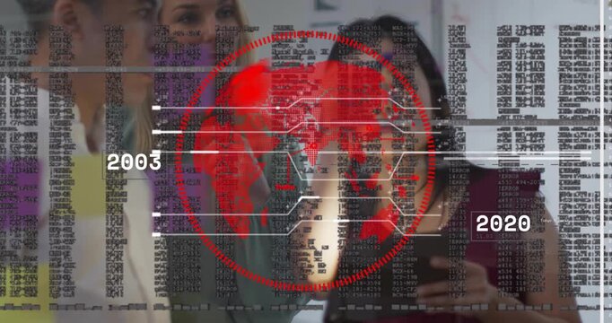 Tech team tapping tablet and tracing timeline on glass mapping milestones with rotating globe