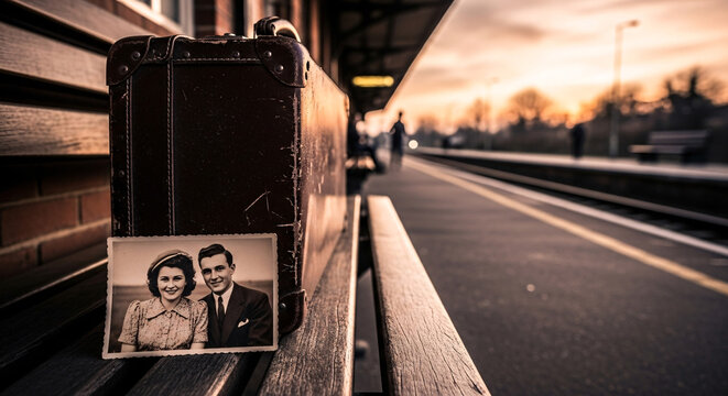 Old suitcase on a train station bench with a vintage photo of a couple, evoking nostalgia and memories