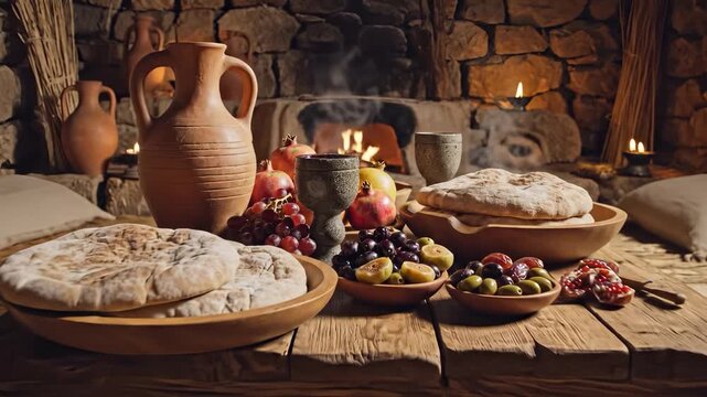 The scene shows a rustic setting with a table laden with bread and fruits. Clay pots and a warm fire create a cozy atmosphere in this ancient home.