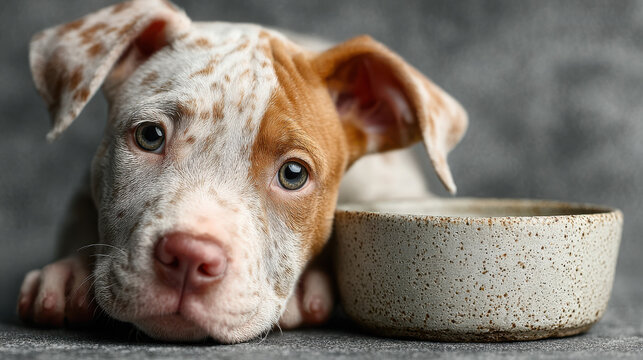 A close-up of a sad dog's face leaning over an empty bowl. Suitable for animal fundraising or veterinary services advertising.