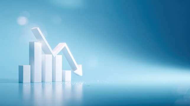 Declining financial graph with downward arrow and bar chart on blue background symbolizing economic loss and negative trend