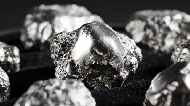 Raw unpolished platinum nuggets on black velvet, cool silver-white metallic luster, subtle sparkle, investment commodity and rare earth elements concept