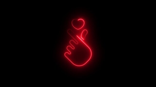 Minimalist red neon light glowing finger heart gesture symbol representing love and affection against a solid black background perfect for social media marketing and romantic designs.