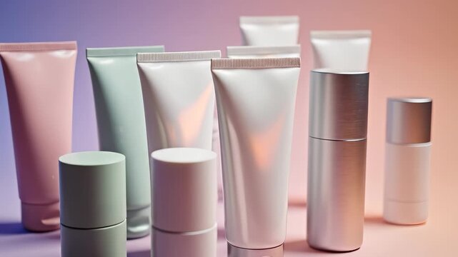 The image displays various skincare tubes and bottles arranged artistically. These tubes and bottles vary in size and color, showcasing a collection of beauty products.