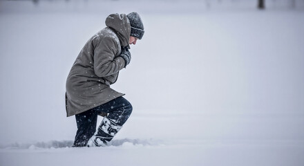 Person in deep snow wearing warm winter clothing, struggling through drifts. Individual endures freezing temperatures and heavy snowfall, navigating difficult deep snow. Concept for perseverance.