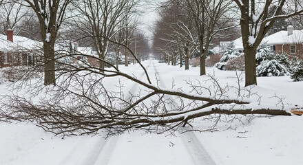 Fallen tree branches block snow-covered suburban road after snowfall. Perspective lines on snowy road emphasize extensive fallen tree branches, disrupting access. Portraying storm impact.