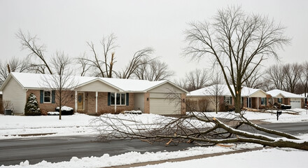 Suburban neighborhood shows winter storm aftermath, snow covered lawns, damaged tree branch on street. Winter storm aftermath brings cold weather and fallen debris.