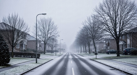 Quiet winter street shows light snowfall, bare trees, empty pavement, reduced visibility. Residential winter street features houses, lamp posts, snowy road. Winter street concept for seasonal content.
