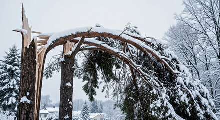 Tall trees broken, bent under heavy wet snow, presenting clear winter tree damage. Close-up on cracked trunks, heavy snow-covered branches illustrate environmental impact.