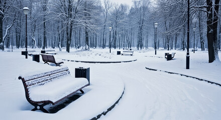 Quiet winter park displays snow covered benches and winding paths. Serene winter park setting features bare trees, silent streetlights, and tranquil landscape.