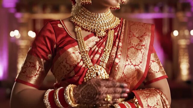 The woman is adorned in a traditional red saree, embellished with gold embroidery. She wears intricate jewelry, reflecting cultural beauty and elegance in a festive setting.