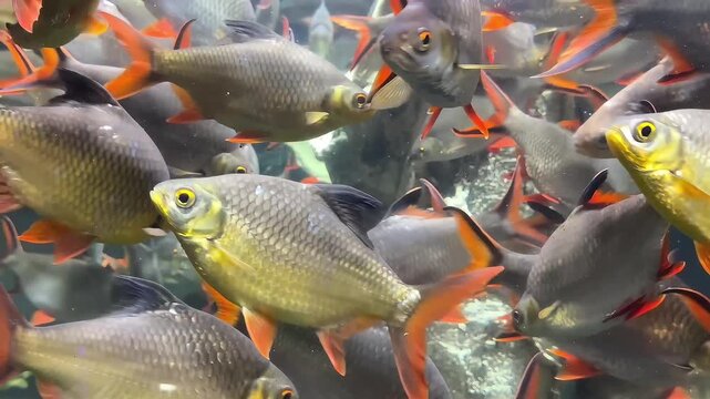 large red tail tinfoil barb fish in freshwater aquarium swimming through aquatic plants 
