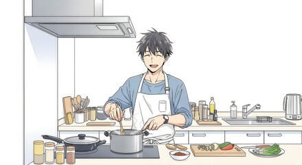 Obraz premium Anime style illustration of a happy young man cooking in a modern kitchen