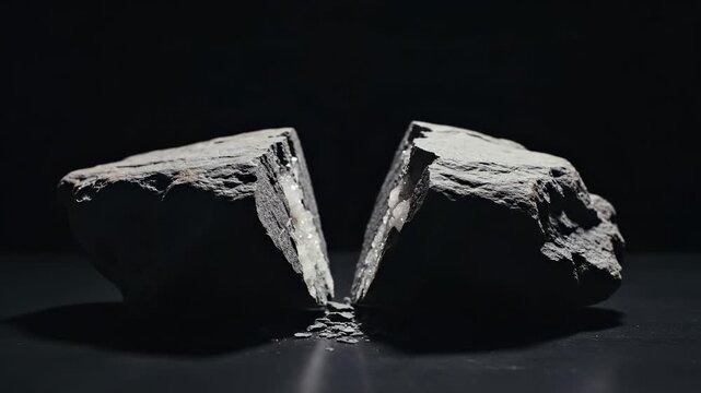 The image shows two large rock pieces, split apart, revealing their rough, textured interiors. The dark background enhances the contrast of the rock pieces and their surfaces.