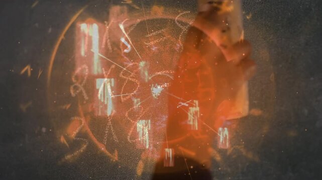 Animation of math formulas over hands of caucasian child erasing blackboard