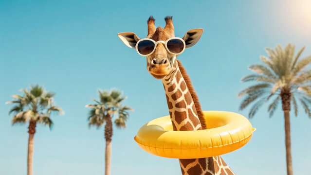 Giraffe in sunglasses with a pool float enjoys a sunny day among palm trees at the beach summer vacation concept