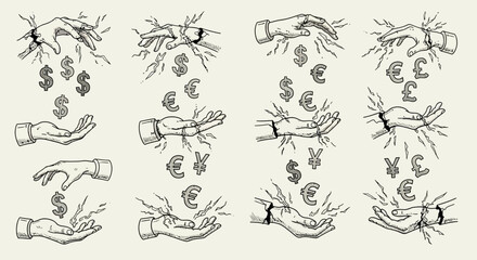 Money falling into hands in a vintage engraving style.