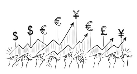 Obraz premium Hands drawing rising currency graphs with dollar euro pound and yen symbols.