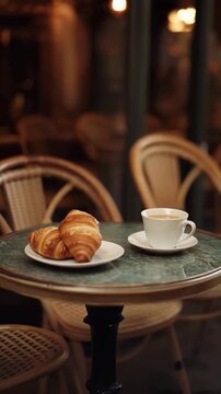 Fresh croissant and coffee cup on small round table at cozy Parisian street cafe with bistro chairs, warm evening ambiance for European travel, breakfast and authentic French lifestyle dining experien