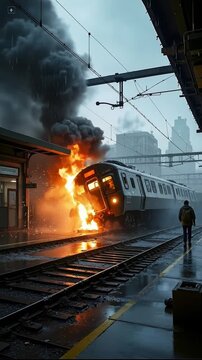 A train that is on fire at a train station