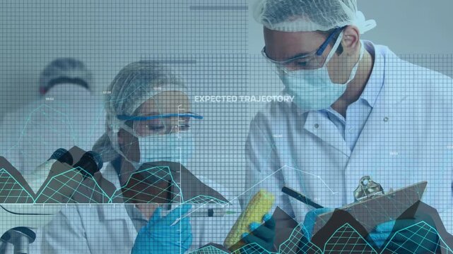 Animation of data processing over surgeons in face masks and grid