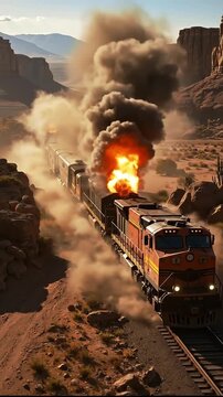 A train traveling through a desert with a large explosion coming out of it