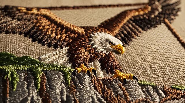 The image features an eagle in detailed embroidery. This eagle showcases intricate stitching and vibrant colors, emphasizing its wings and beak.