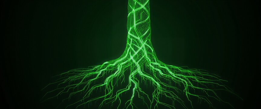 Green Compute Platform. Cloud computing innovation. Future tech infrastructure. AI optimization. Sustainability innovation. Tree roots intertwined with glowing green circuit patterns