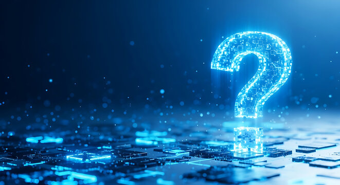 Glowing blue question mark on dark background with shining particles effect