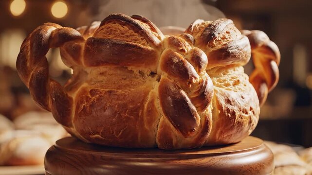 The image shows a freshly baked braided bread placed on a wooden surface. This golden bread features intricate twists and a delicious aroma of freshly baked bread wafting through the air.