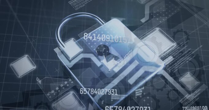 Animation of security padlock and data processing over black background