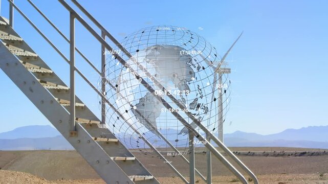 Composition of us in green square rotating over modern countryside and blue