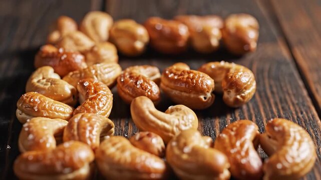The image shows various nuts arranged in a circular pattern. These roasted nuts, primarily cashews, are placed on a wooden surface.
