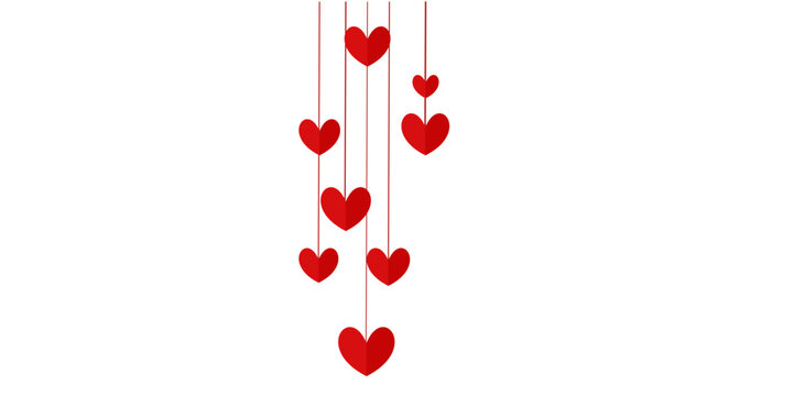 Romantic red hearts hanging in mid-air with strings