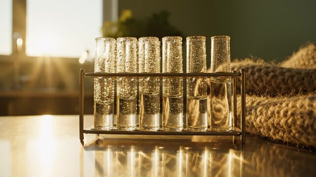 Close-Up of Test Tubes Filled With Liquid on a Tabletop, Golden Hour