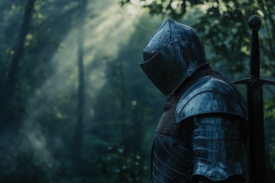 Knight stands in a misty forest, sword by side, with sunlight filtering through trees