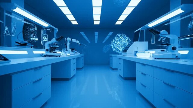 Modern laboratory interior with microscopes and science equipment