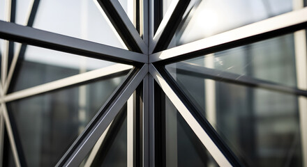 Obraz premium Geometric Architectural Detail of Modern Glass Facade with Steel Frame Structure